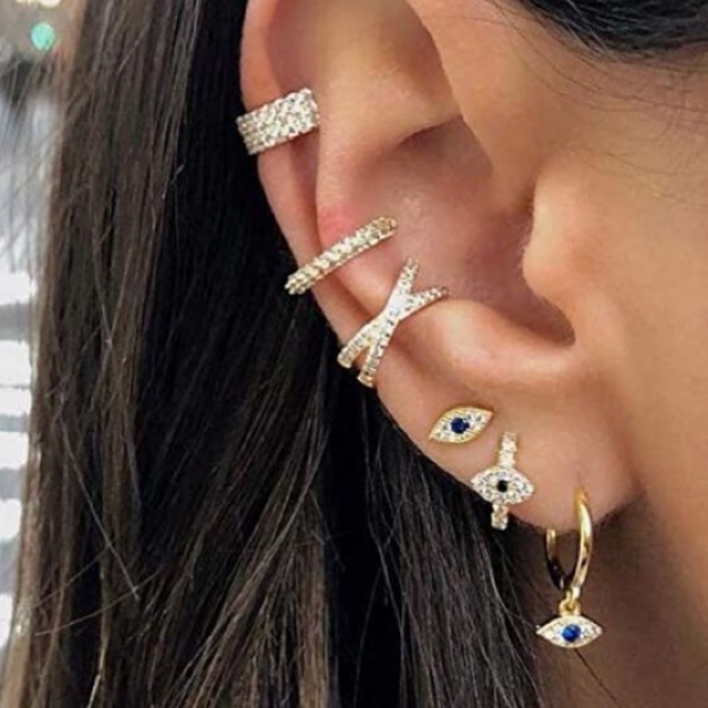 Evil Eye Gold Stud Hoop Huggie Earrings